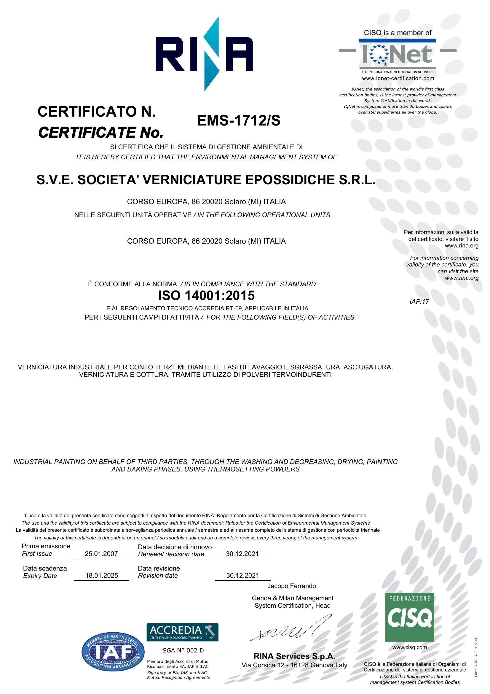 Certificazione Rina ISO 14001:2015