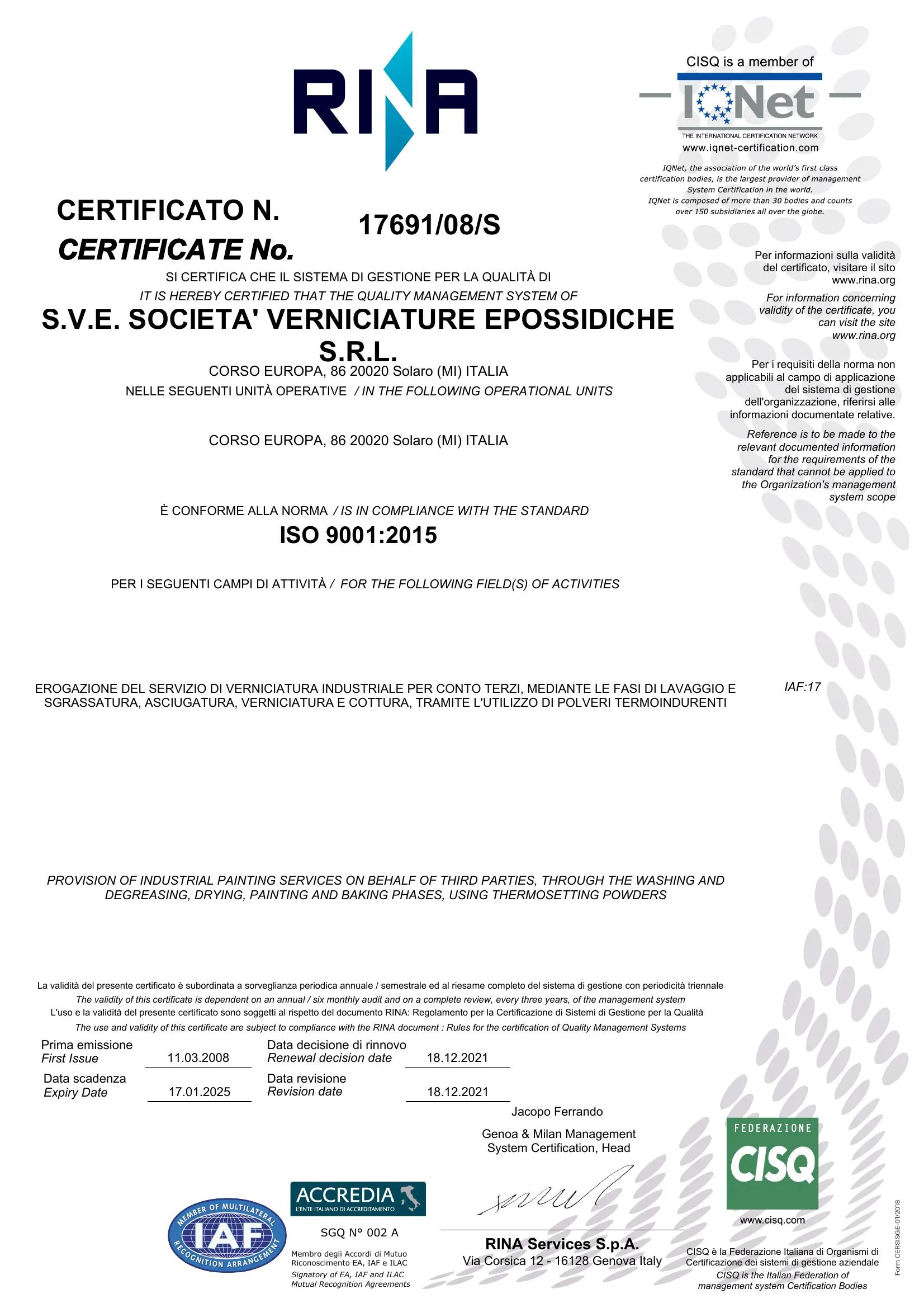 Certificazione Rina ISO 9001:2015